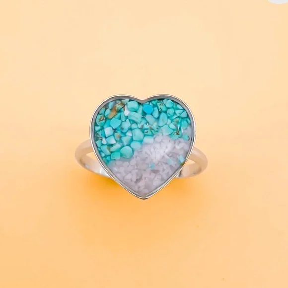 NWT🏝️ SAND/TURQUOISE PEBBLES RESIN ADJUSTABLE HEART BEACH RING One Size Fits All - Picture 4 of 5